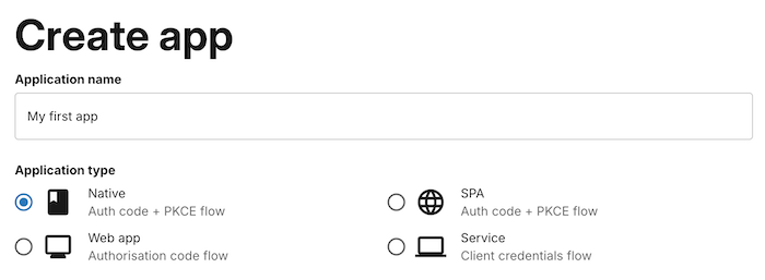 The create app form showing the name field and application type selector