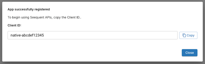 Success dialog after creating a user-driven app, showing the Client ID to copy