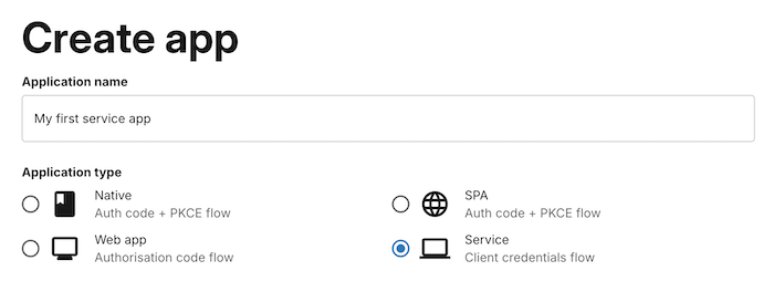 The create app form with the Service app type selected