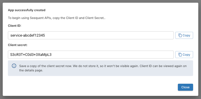 Success window after creating a service app, showing the Client ID and Client Secret to copy