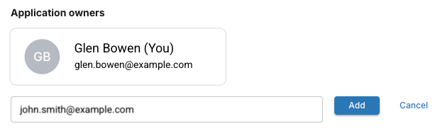 The Application owners section showing existing owners and the Add owner inline email input